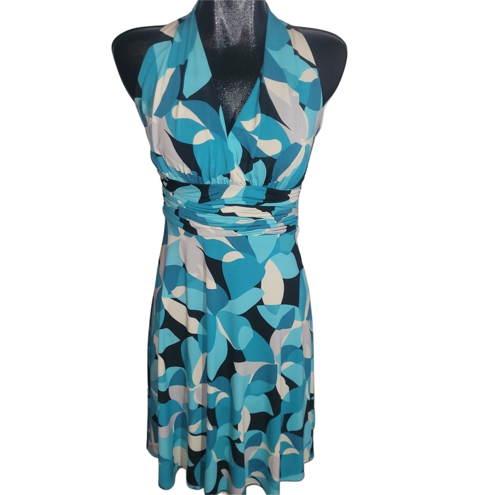 GiGi Stylish Geometric Halter Dress in Shades Of Blue, White And Black Size 4